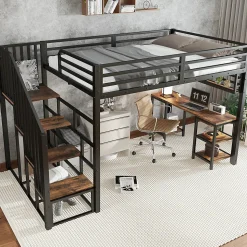 Lit mezzanine 120x200 cm avec bureau et étagère - escaliers avec rampes - Métal+panneaux de particules - Noir (sans matelas)