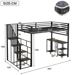 Lit mezzanine 120x200 cm avec bureau et étagère - escaliers avec rampes - Métal+panneaux de particules - Noir (sans matelas)