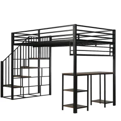 Lit mezzanine 120x200 cm avec bureau et étagère - escaliers avec rampes - Métal+panneaux de particules - Noir (sans matelas)