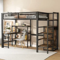 Lit mezzanine 90x200 cm avec bureau, placard et étagères, structure métal robuste, noir, sans matelas