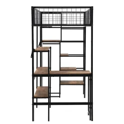 Lit mezzanine 90x200 cm avec bureau, placard et étagères, structure métal robuste, noir, sans matelas