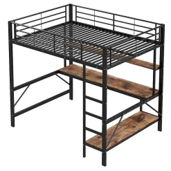 Lit mezzanine 140x200 cm avec bureau, étagères, LED et prise USB - lit ado/enfant gain de place - métal noir - sans matelas