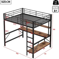 Lit mezzanine 140x200 cm avec bureau, étagères, LED et prise USB - lit ado/enfant gain de place - métal noir - sans matelas