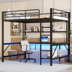 Lit mezzanine 140x200 cm avec bureau, étagères, LED et prise USB - lit ado/enfant gain de place - métal noir - sans matelas
