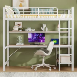 Lit mezzanine 90x200 cm avec bureau intégré, étagères, LED et prise USB, lit ado/enfant gain de place - métal blanc - sans matelas