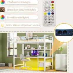 Lit mezzanine 90x200 cm avec bureau intégré, étagères, LED et prise USB, lit ado/enfant gain de place - métal blanc - sans matelas