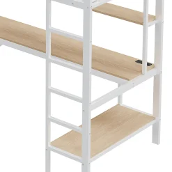 Lit mezzanine 90x200 cm avec bureau intégré, étagères, LED et prise USB, lit ado/enfant gain de place - métal blanc - sans matelas