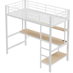 Lit mezzanine 90x200 cm avec bureau intégré, étagères, LED et prise USB, lit ado/enfant gain de place - métal blanc - sans matelas