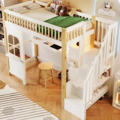 Lit Mezzanine 90x200 cm avec Bureau, LED et Escalier de Rangement - Sans Matelas - Pin et MDF - Blanc et Naturel