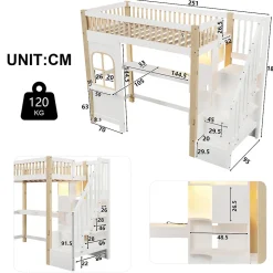 Lit Mezzanine 90x200 cm avec Bureau, LED et Escalier de Rangement - Sans Matelas - Pin et MDF - Blanc et Naturel