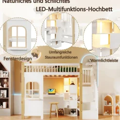 Lit Mezzanine 90x200 cm avec Bureau, LED et Escalier de Rangement - Sans Matelas - Pin et MDF - Blanc et Naturel