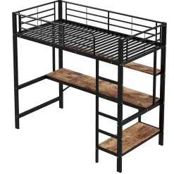 Lit mezzanine 90x200 cm avec bureau intégré, étagères, LED et prise USB - lit ado/enfant gain de place - métal noir - sans matelas