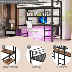 Lit mezzanine 90x200 cm avec bureau intégré, étagères, LED et prise USB - lit ado/enfant gain de place - métal noir - sans matelas