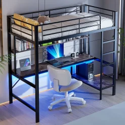 Lit mezzanine 90x200 cm avec bureau intégré, étagères, LED et prise USB - lit ado/enfant gain de place - métal noir - sans matelas