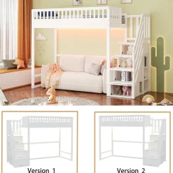 Lit mezzanine 90x200 cm avec échelle de sécurité - avec barrières de sécurité - lumières LED - blanc (sans matelas)