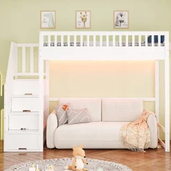 Lit mezzanine 90x200 cm avec échelle de sécurité - avec barrières de sécurité - lumières LED - blanc (sans matelas)