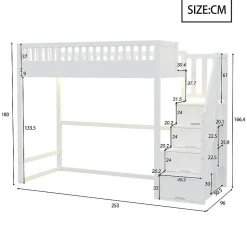 Lit mezzanine 90x200 cm avec échelle de sécurité - avec barrières de sécurité - lumières LED - blanc (sans matelas)