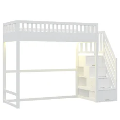 Lit mezzanine 90x200 cm avec échelle de sécurité - avec barrières de sécurité - lumières LED - blanc (sans matelas)