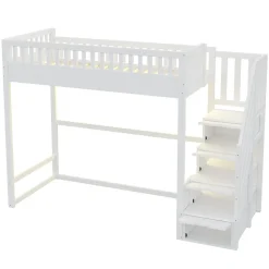 Lit mezzanine 90x200 cm avec échelle de sécurité - avec barrières de sécurité - lumières LED - blanc (sans matelas)