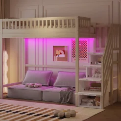 Lit mezzanine 90x200 cm avec échelle de sécurité - avec barrières de sécurité - lumières LED - naturel(sans matelas)