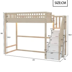 Lit mezzanine 90x200 cm avec échelle de sécurité - avec barrières de sécurité - lumières LED - naturel(sans matelas)
