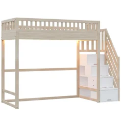 Lit mezzanine 90x200 cm avec échelle de sécurité - avec barrières de sécurité - lumières LED - naturel(sans matelas)
