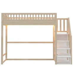Lit mezzanine 90x200 cm avec échelle de sécurité - avec barrières de sécurité - lumières LED - naturel(sans matelas)
