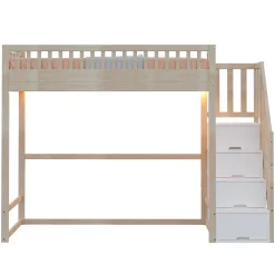 Lit mezzanine 90x200 cm avec échelle de sécurité - avec barrières de sécurité - lumières LED - naturel(sans matelas)