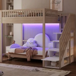 Lit mezzanine 140x200 cm avec échelle de sécurité - avec barrières de sécurité - lumières LED - naturel(sans matelas)