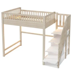 Lit mezzanine 140x200 cm avec échelle de sécurité - avec barrières de sécurité - lumières LED - naturel(sans matelas)