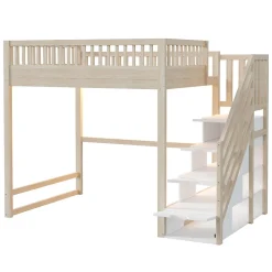 Lit mezzanine 140x200 cm avec échelle de sécurité - avec barrières de sécurité - lumières LED - naturel(sans matelas)