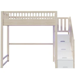 Lit mezzanine 140x200 cm avec échelle de sécurité - avec barrières de sécurité - lumières LED - naturel(sans matelas)