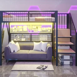 Lit mezzanine 90x200 cm avec échelle à rangements et bande LED pilotable, structure métal noir