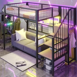 Lit mezzanine 90x200 cm avec échelle à rangements et bande LED pilotable, structure métal noir