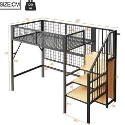 Lit mezzanine 90x200 cm avec échelle à rangements et bande LED pilotable, structure métal noir