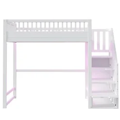 Lit mezzanine 140x200 cm avec échelle de sécurité - avec barrières de sécurité - lumières LED - blanc (sans matelas)