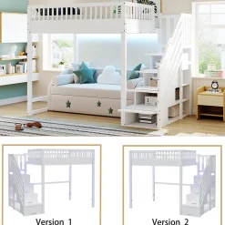 Lit mezzanine 140x200 cm avec échelle de sécurité - avec barrières de sécurité - lumières LED - blanc (sans matelas)