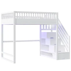 Lit mezzanine 140x200 cm avec échelle de sécurité - avec barrières de sécurité - lumières LED - blanc (sans matelas)