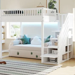 Lit mezzanine 140x200 cm avec échelle de sécurité - avec barrières de sécurité - lumières LED - blanc (sans matelas)