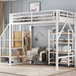 Lit mezzanine 90x200 cm avec escalier de rangement et étagères intégrées - métal et MDF - blanc + naturel - sans matelas