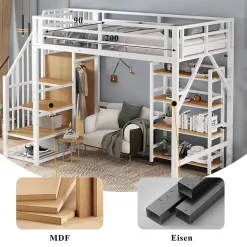 Lit mezzanine 90x200 cm avec escalier de rangement et étagères intégrées - métal et MDF - blanc + naturel - sans matelas