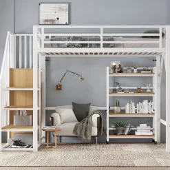 Lit mezzanine 90x200 cm avec escalier de rangement et étagères intégrées - métal et MDF - blanc + naturel - sans matelas