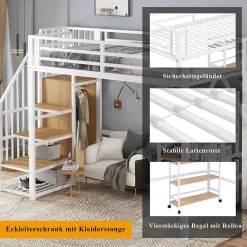 Lit mezzanine 90x200 cm avec escalier de rangement et étagères intégrées - métal et MDF - blanc + naturel - sans matelas