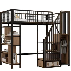 Lit mezzanine 90x200 cm avec escalier coffre et grand espace sous le lit, structure métal/bois