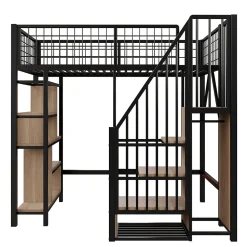 Lit mezzanine 90x200 cm avec escalier coffre et grand espace sous le lit, structure métal/bois