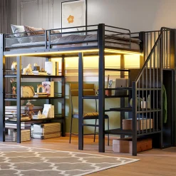 Lit mezzanine 90x200 cm avec LED et prise électrique - avec compartiments de rangement - avec étagère - noir (matelas non inclus)