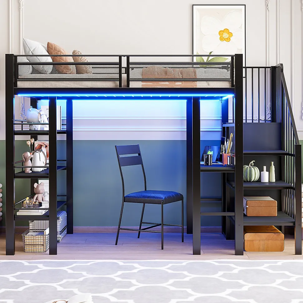 Lit mezzanine 90x200 cm avec LED et prise électrique - avec compartiments de rangement - avec étagère - noir (matelas non inclus)