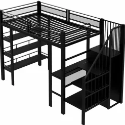 Lit mezzanine 90x200 cm avec LED et prise électrique - avec compartiments de rangement - avec étagère - noir (matelas non inclus)