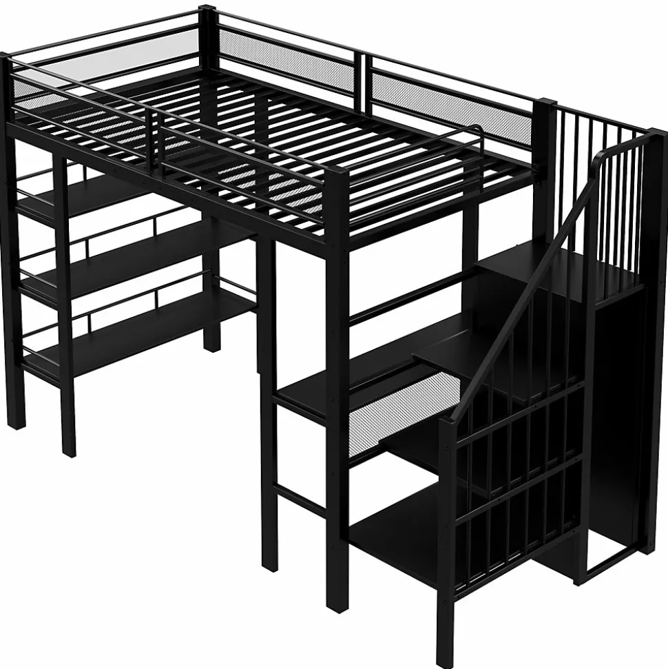 Lit mezzanine 90x200 cm avec LED et prise électrique - avec compartiments de rangement - avec étagère - noir (matelas non inclus)