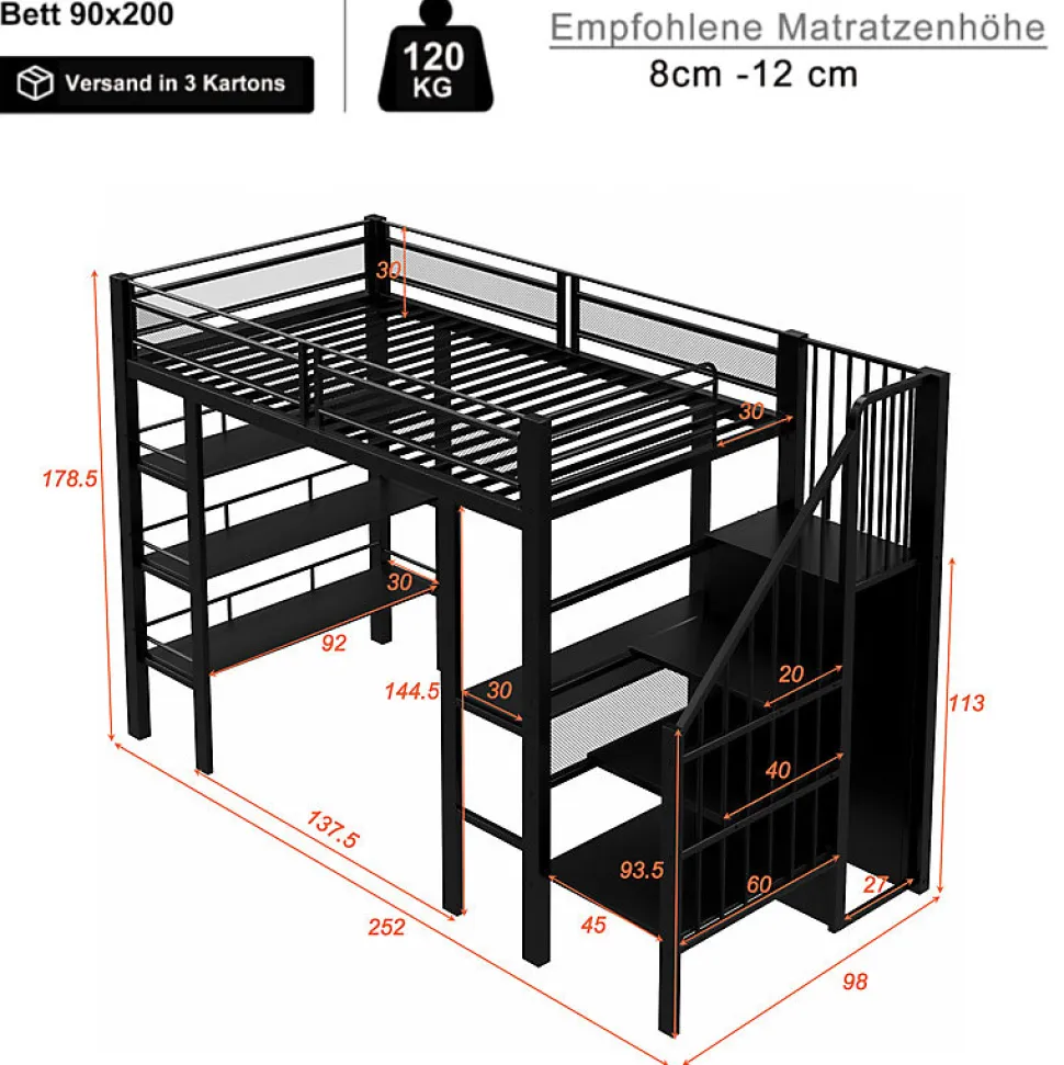 Lit mezzanine 90x200 cm avec LED et prise électrique - avec compartiments de rangement - avec étagère - noir (matelas non inclus)